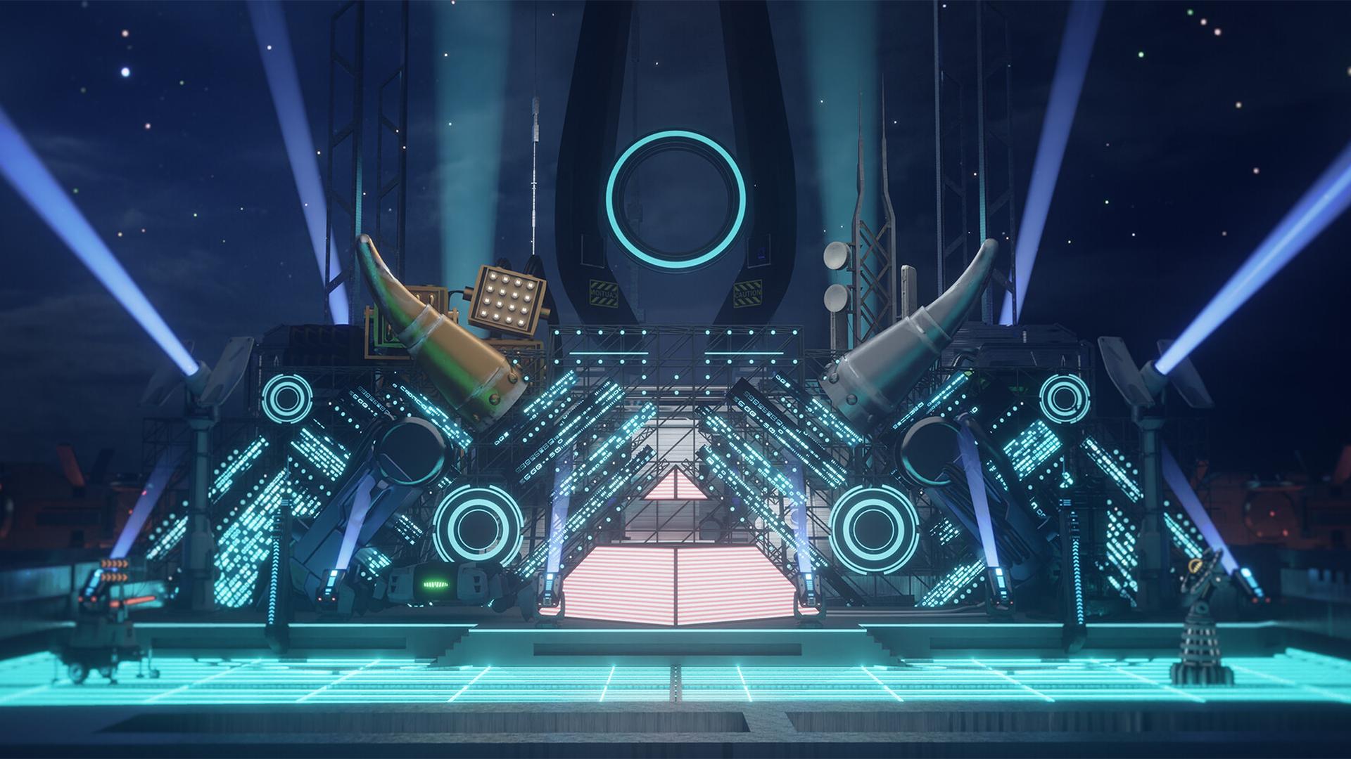 Dark neon-lit techno stage with dramatic cyan and purple lighting
